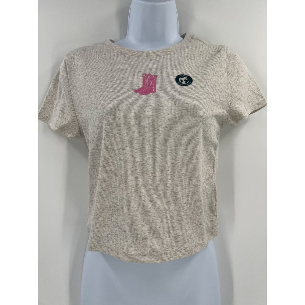 Aeropostale Seriously Soft Baby Tee L Beige Pink Embroidered Cowboy Boot Graphic